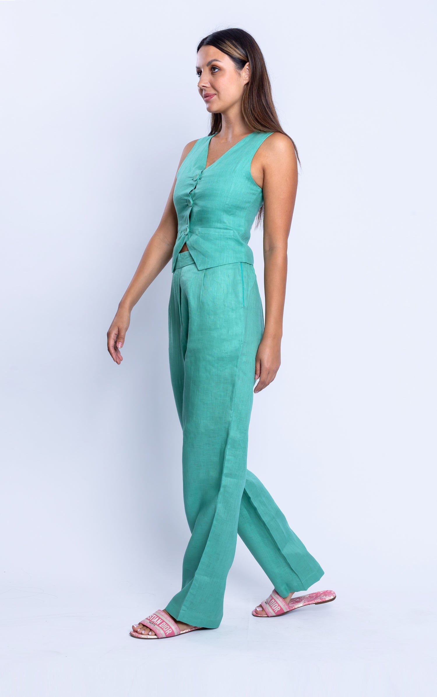 Jade Linen Waistcoat and Loose Pants