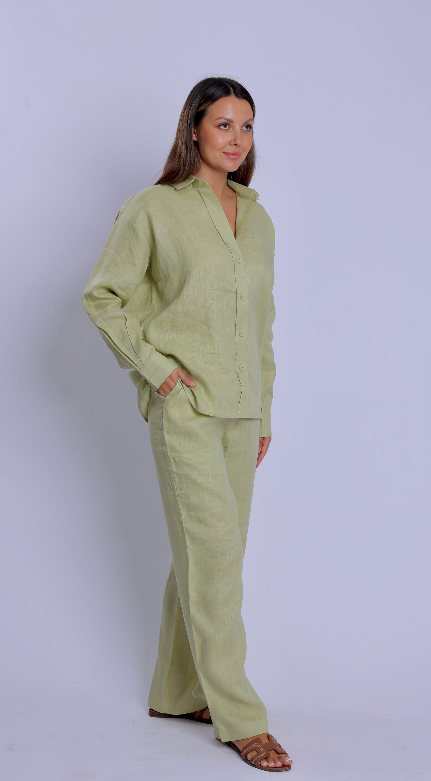 Tailored Olive Linen One Size Shirt & Striped Trouser Pants