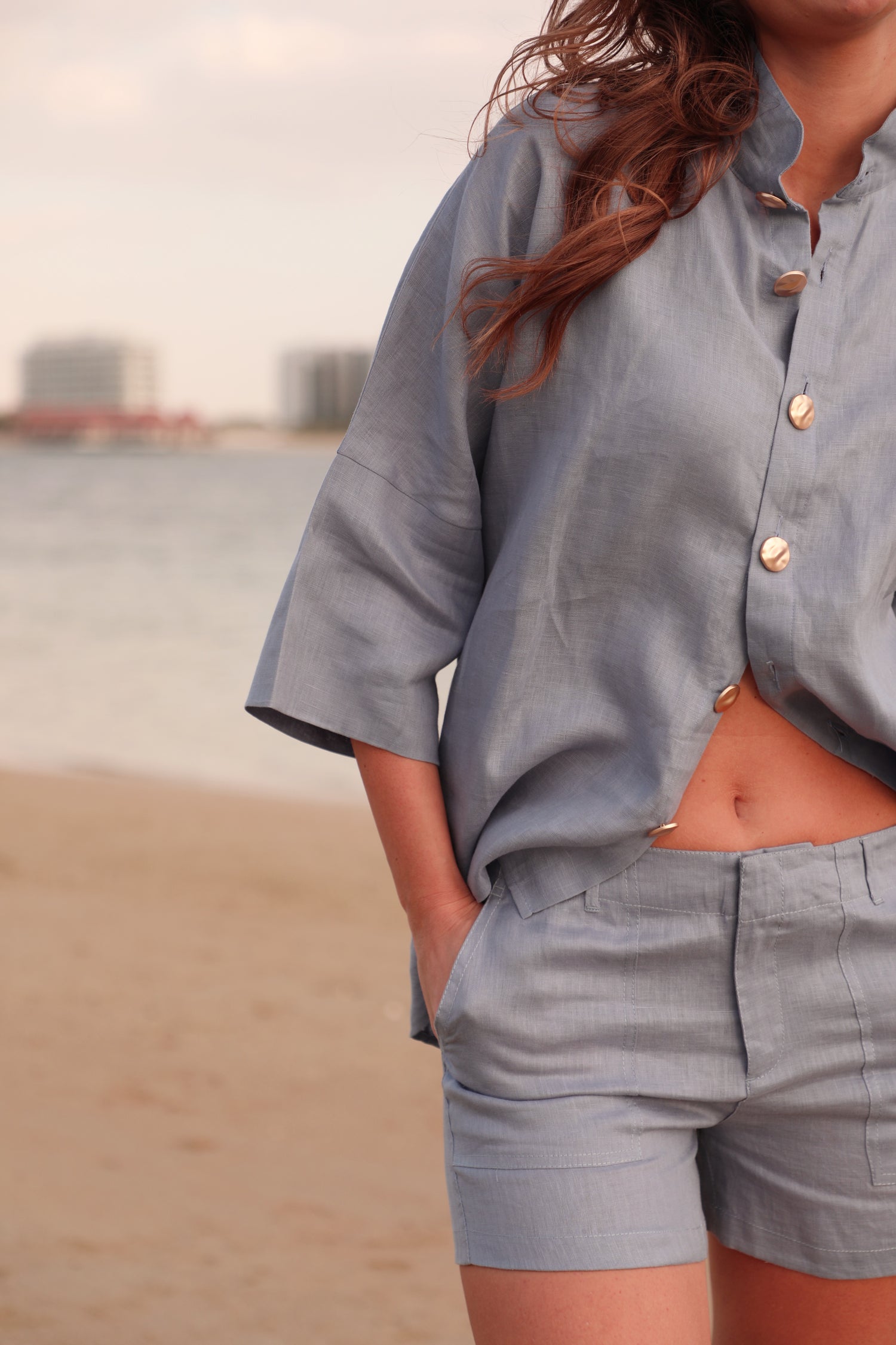 Blue Button-Front Linen Shirt & Shorts