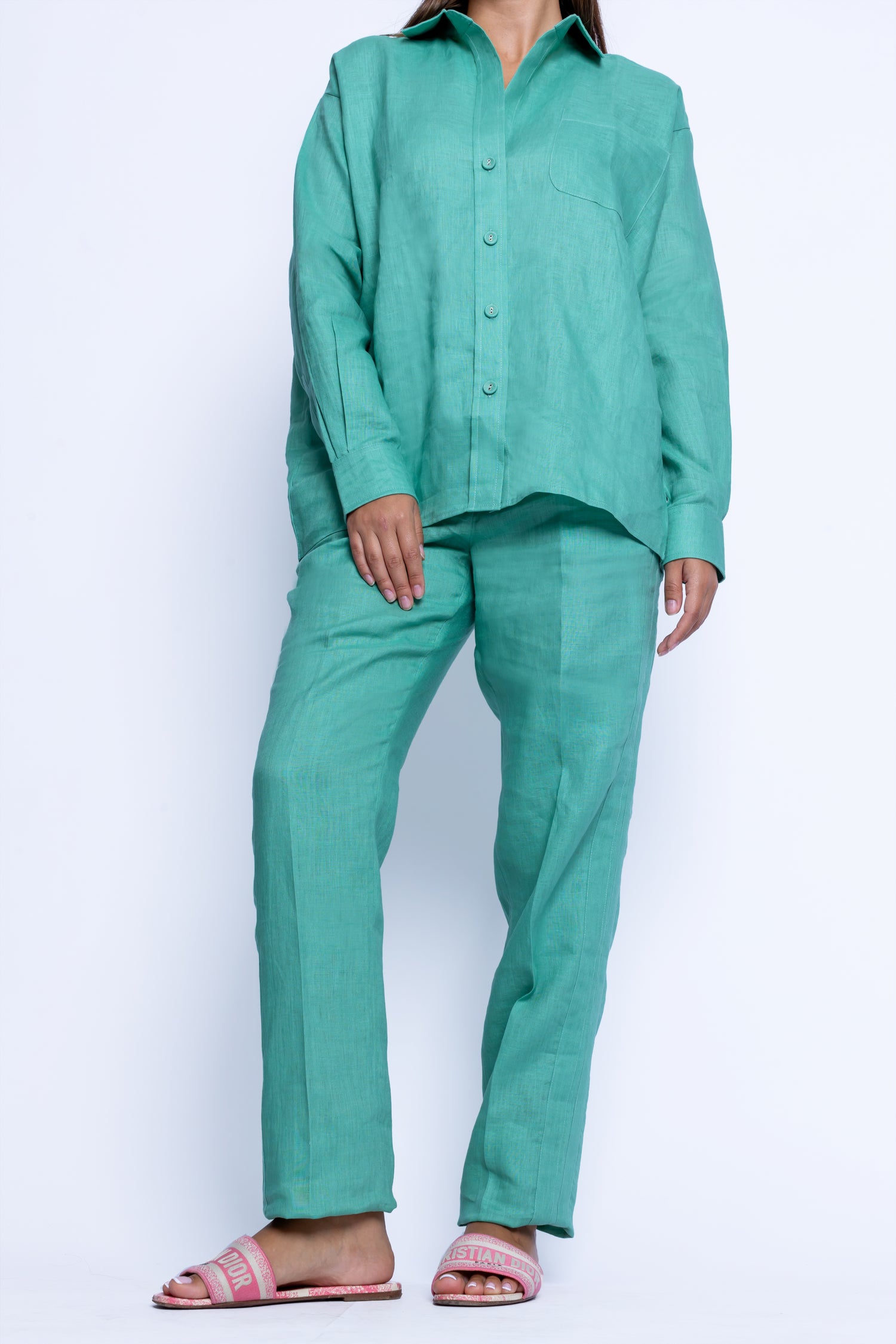 Tailored Jade Linen One Size Shirt & Stripped Pants