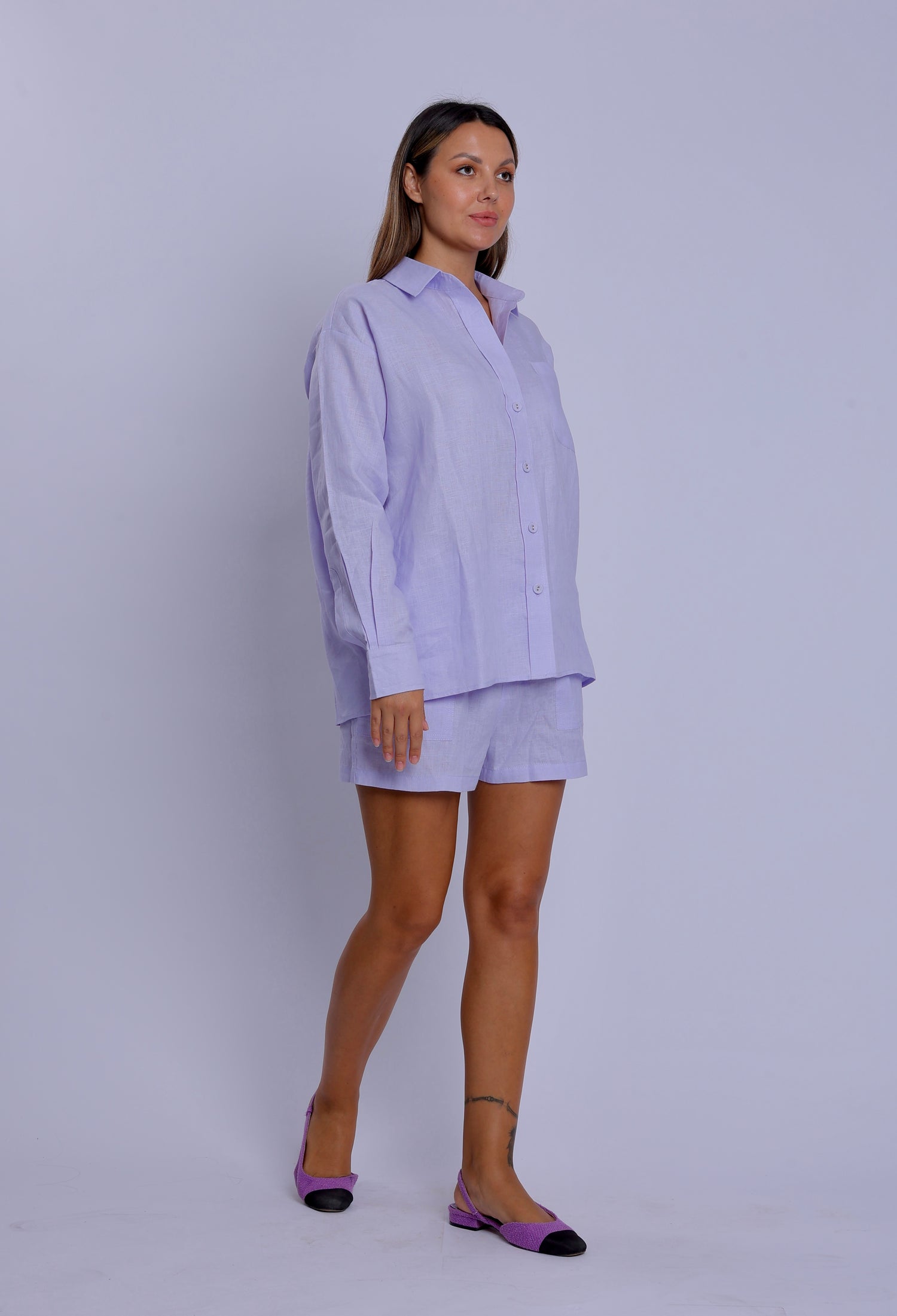 Tailored Pale Lilac Linen One Size Shirt & Shorts