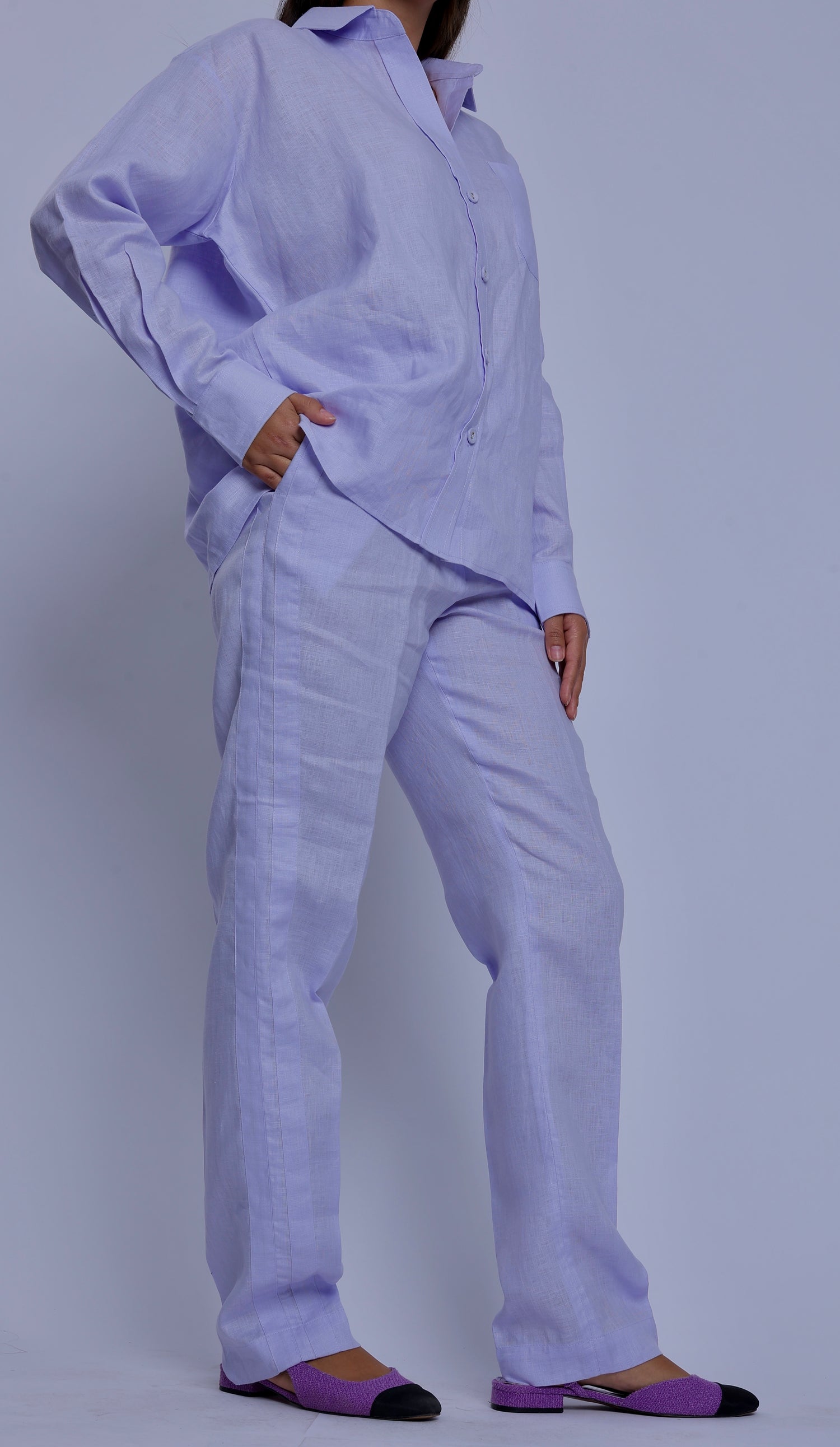 Tailored Pale Lilac Linen One Size Shirt & Striped Trouser Pants