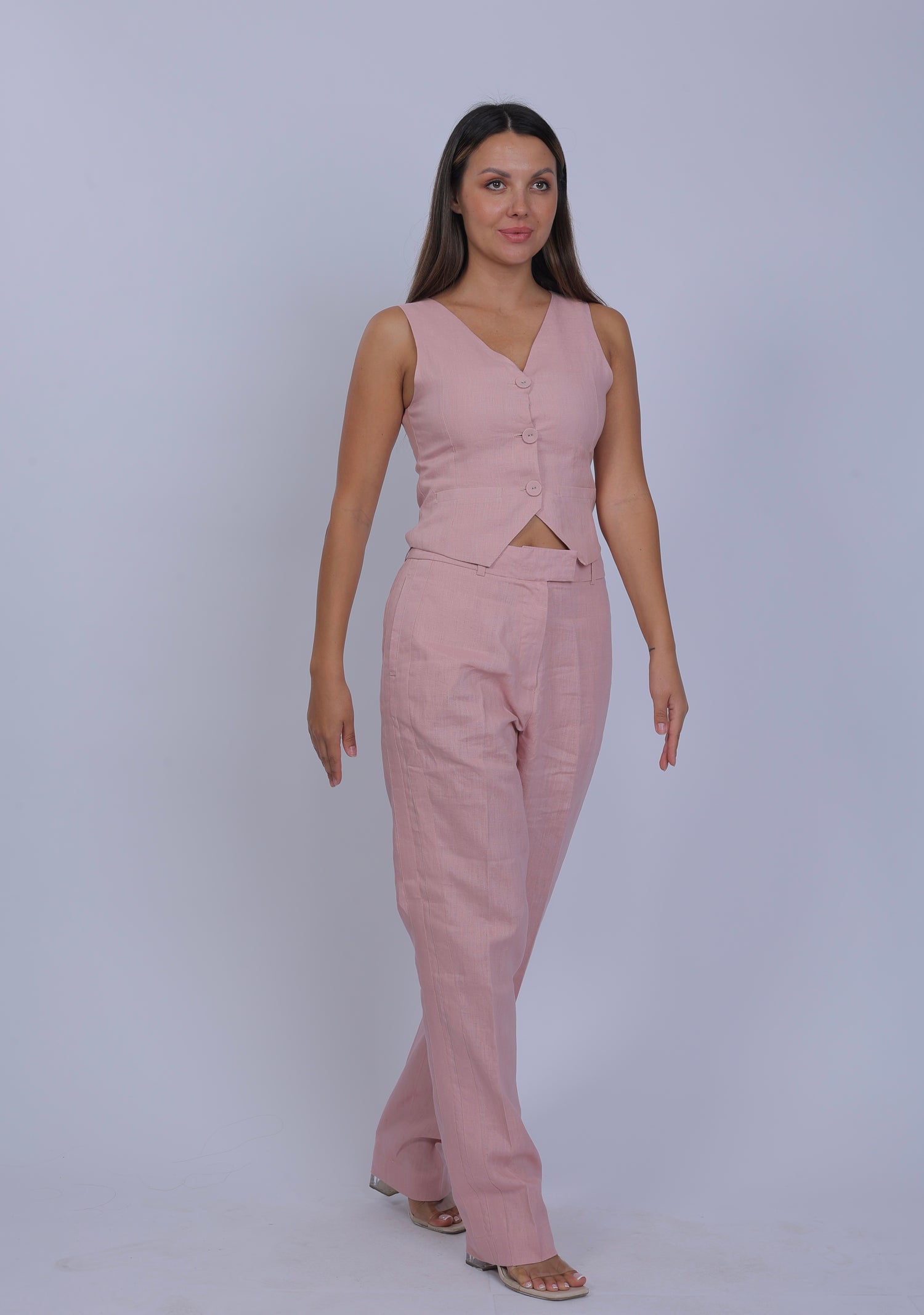 Carnation Pink Linen Waistcoat & Stripped Patterned Pants