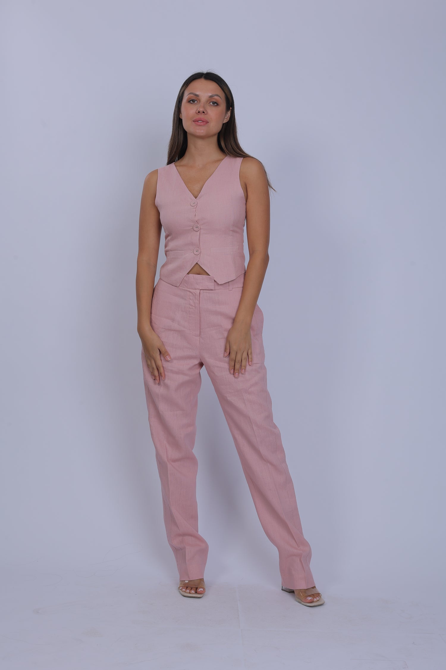 Carnation Pink Linen Waistcoat & Stripped Patterned Pants