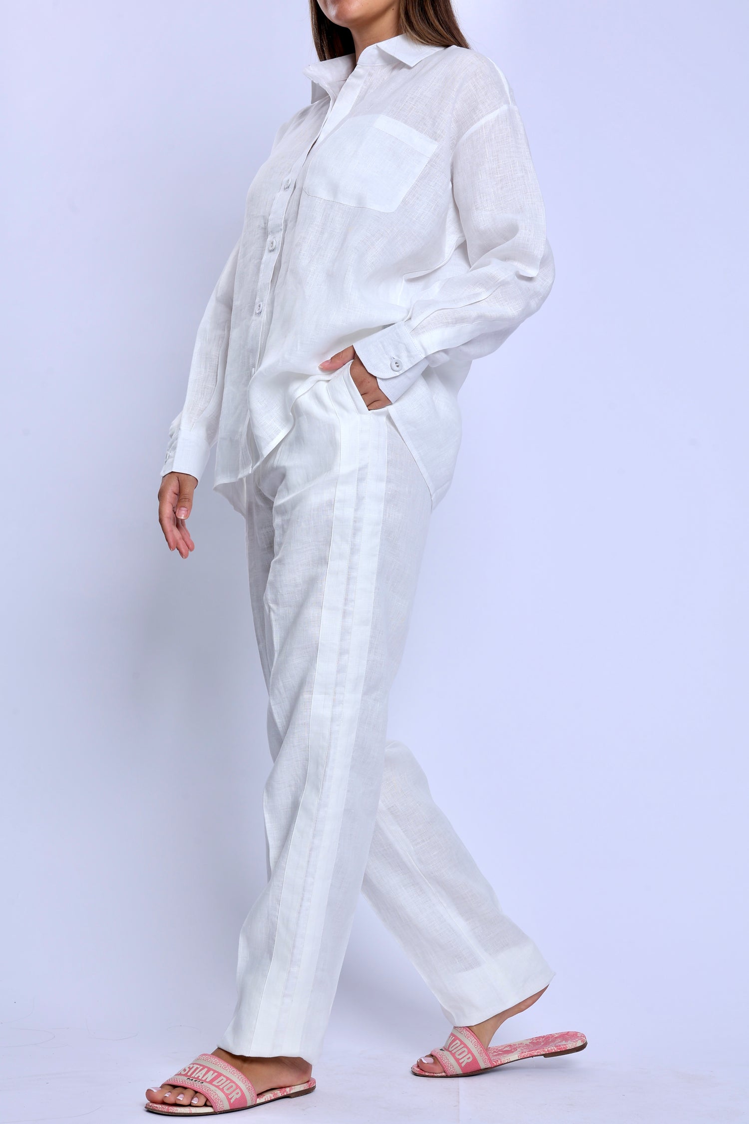 Tailored White Linen Striped Pants & One Size Shirt