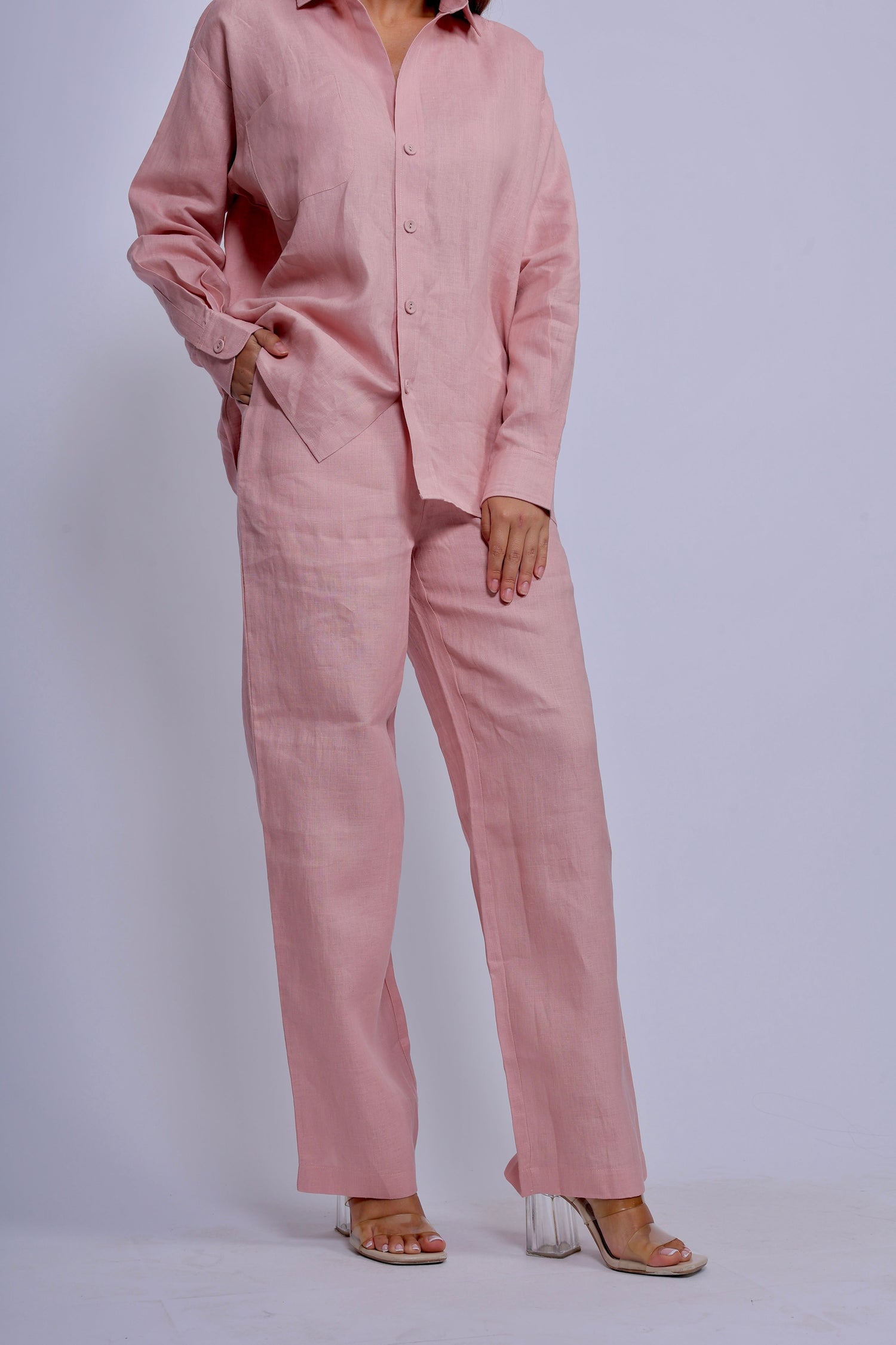 Tailored Carnation Pink Linen One Size Shirt & Stripped Pants
