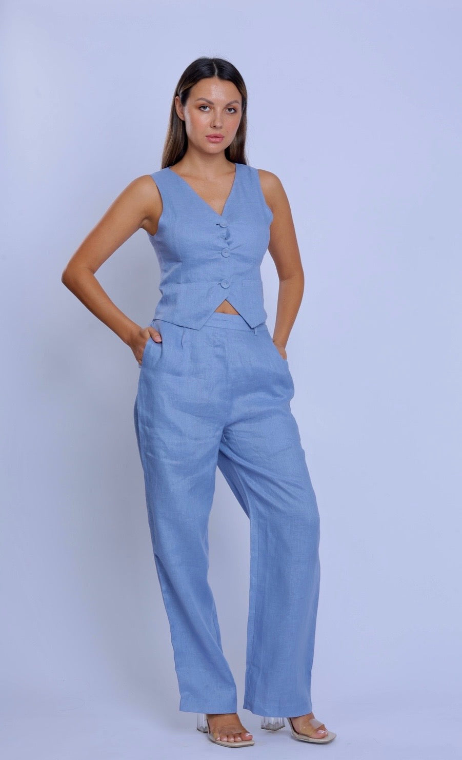 Blue Linen Waistcoat and Loose Pants