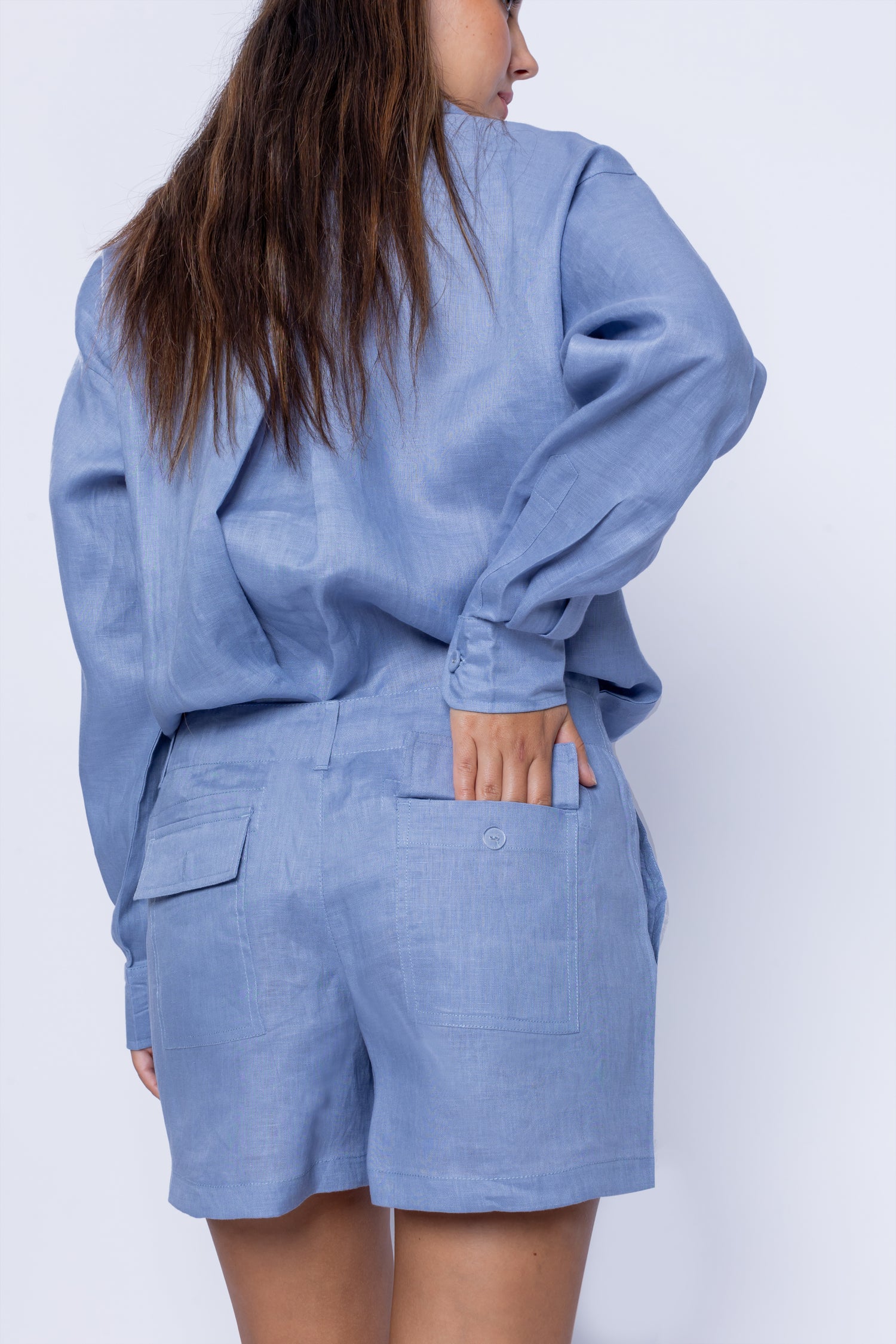 Tailored Blue Linen One Size Shirt and Shorts