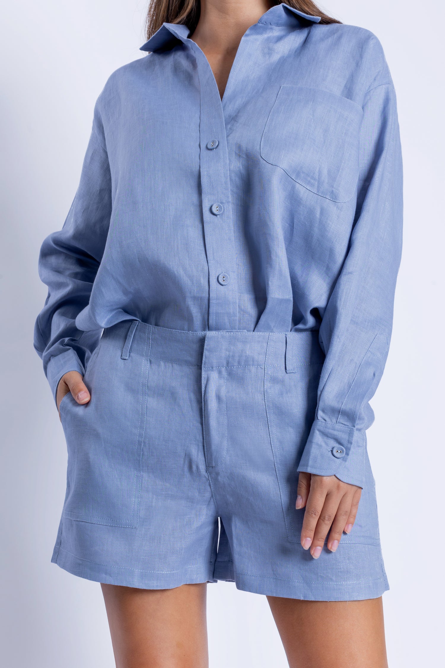 Tailored Blue Linen One Size Shirt and Shorts