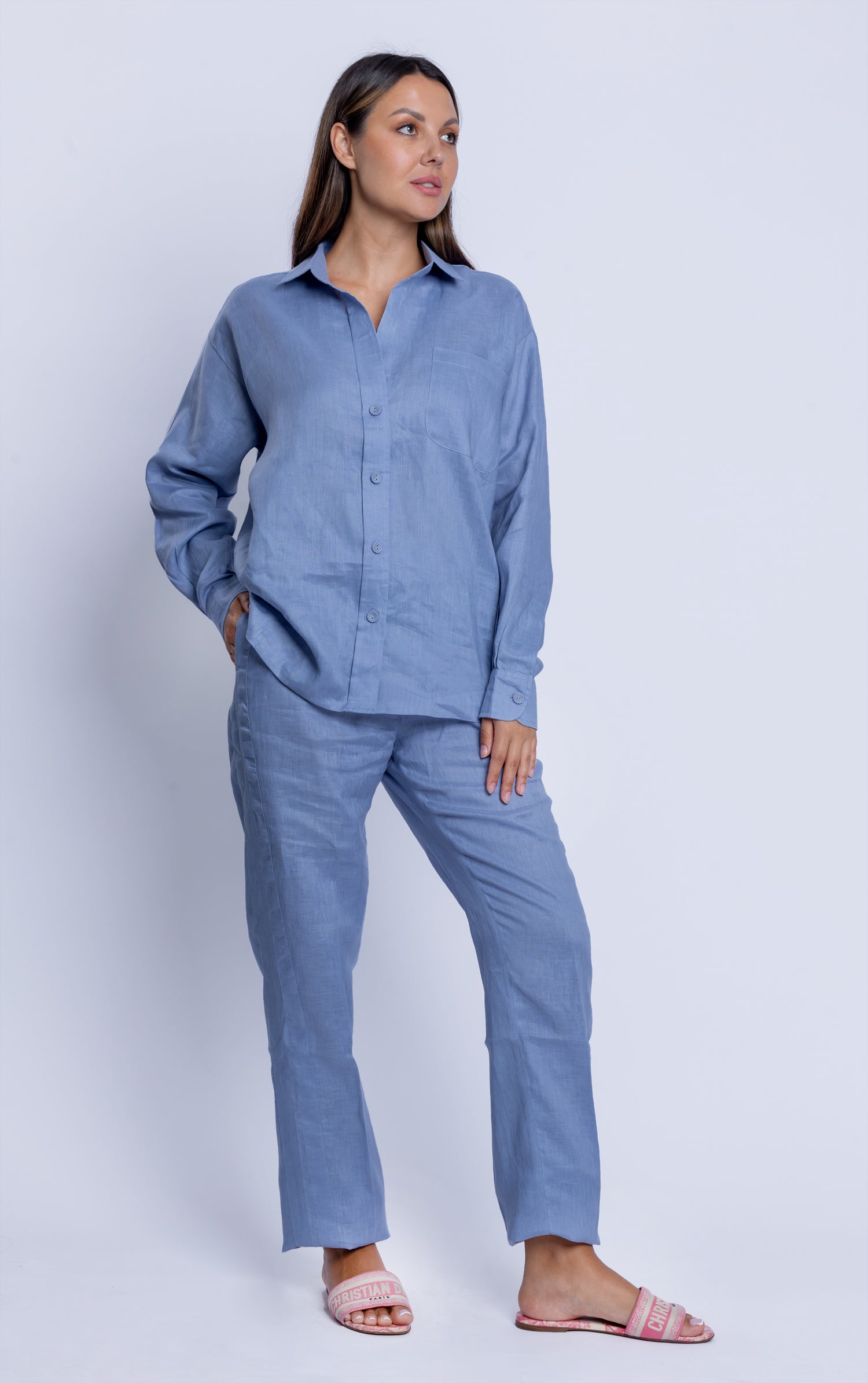 Tailored Blue Linen One Size Shirt & Striped Trouser Pants