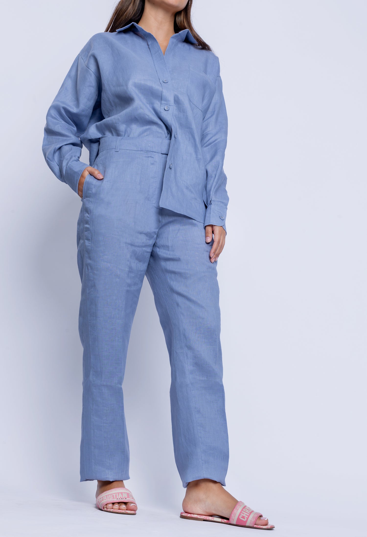 Tailored Blue Linen One Size Shirt & Striped Trouser Pants