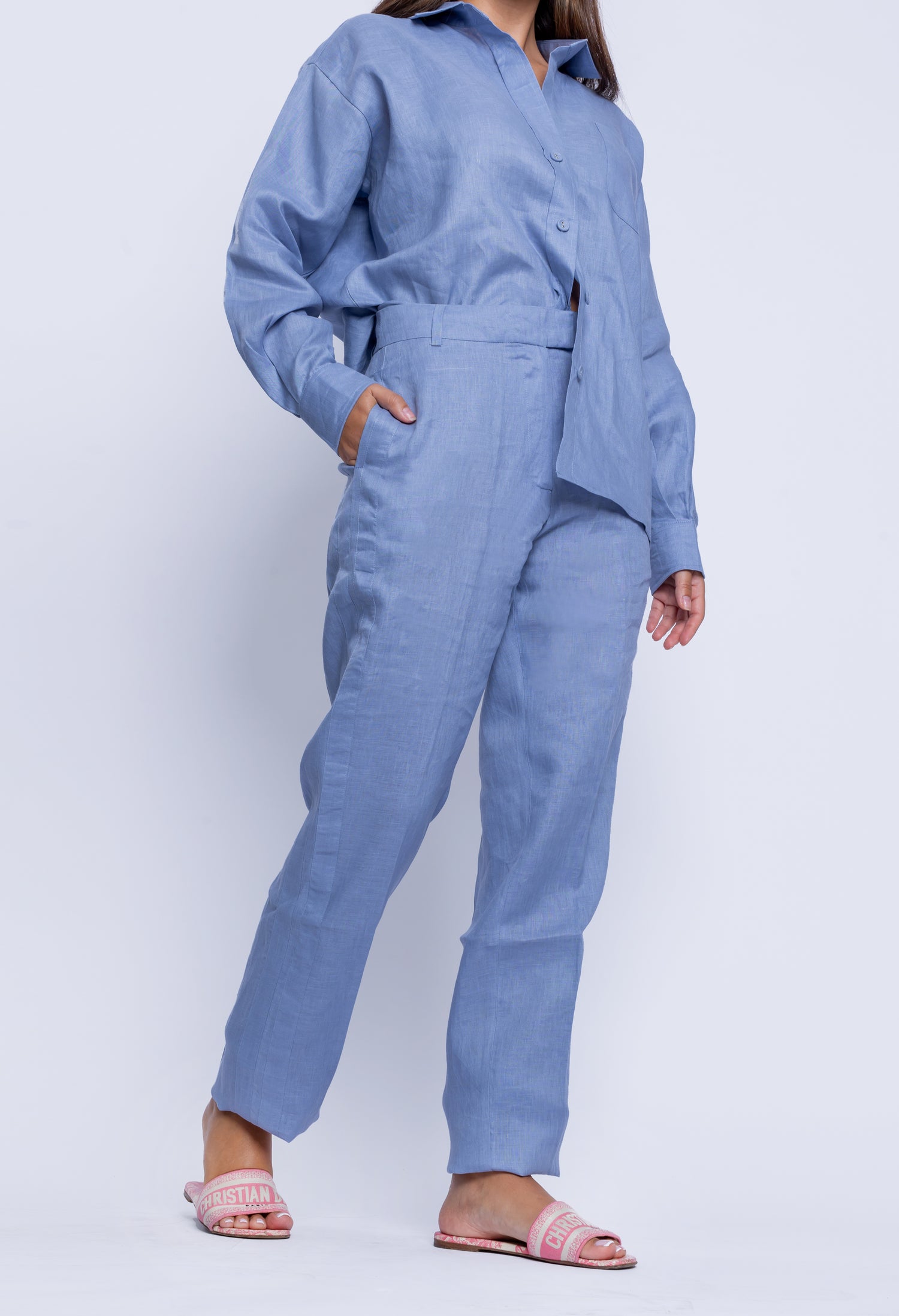 Tailored Blue Linen One Size Shirt & Striped Trouser Pants