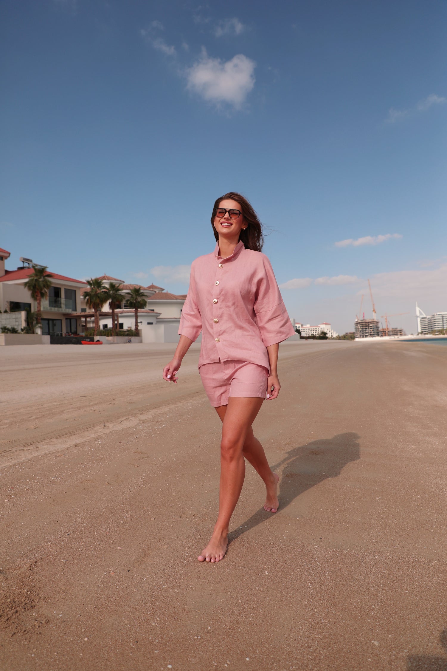 Pink Button-Front Linen Shirt & Shorts / One Size Shirt