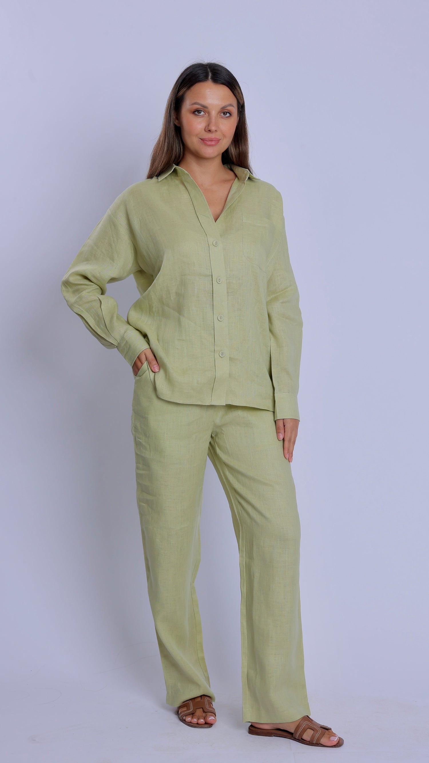 Tailored Olive Linen One Size Shirt & Striped Trouser Pants