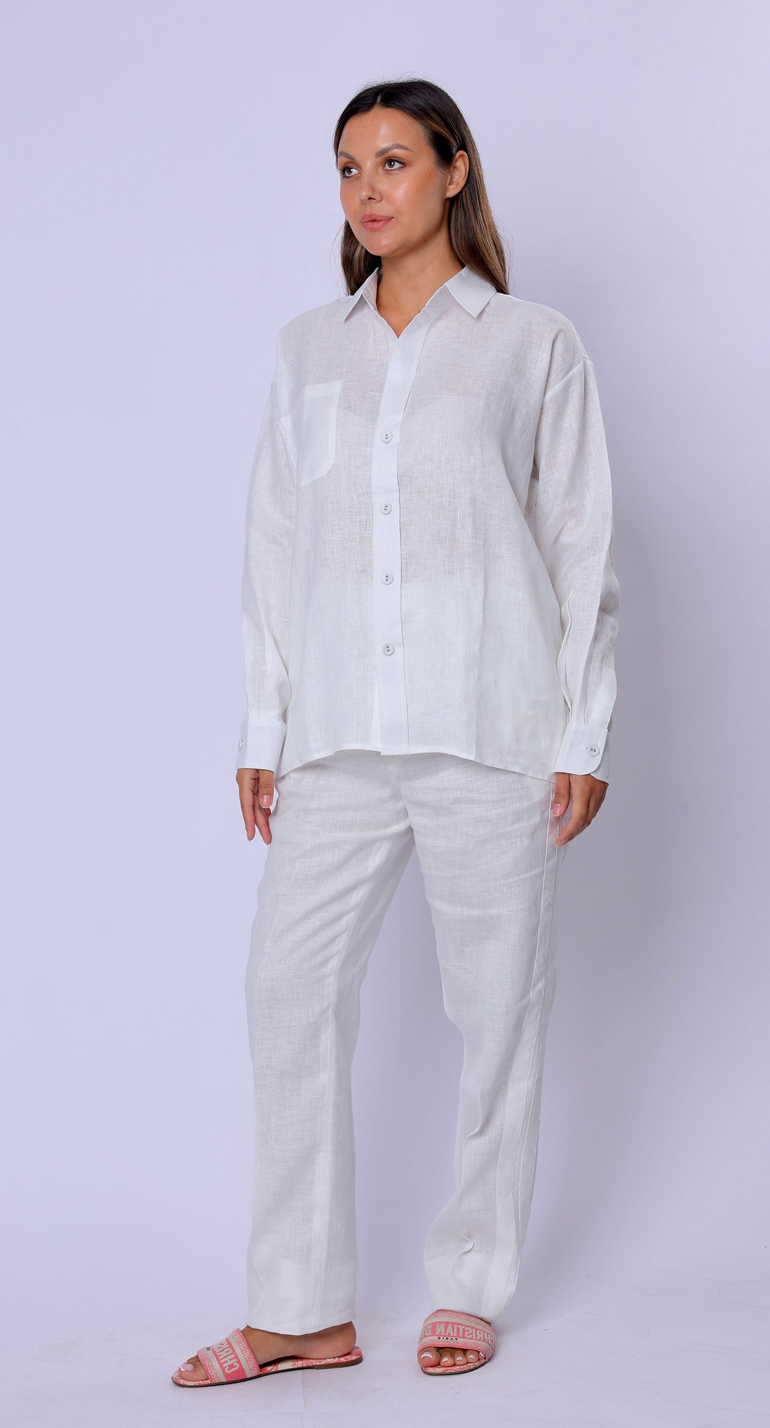 Tailored White Linen Striped Pants & One Size Shirt