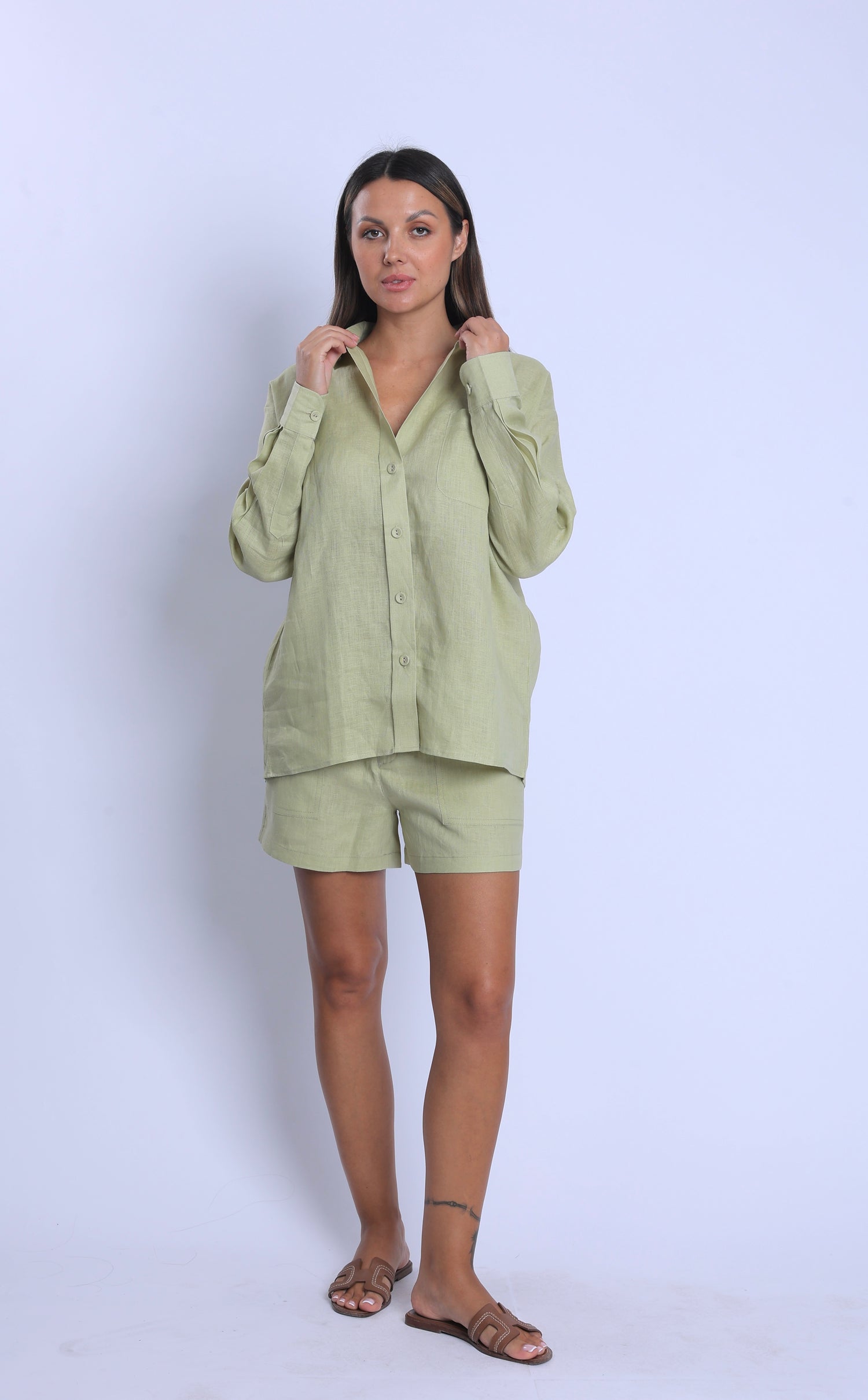Tailored Olive Linen One Size Shirt & Shorts