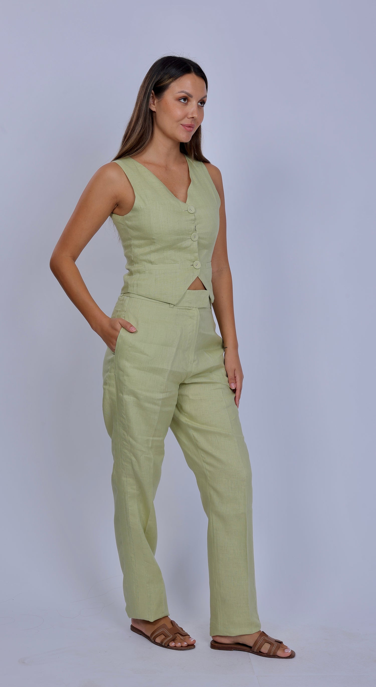 Olive Linen Waistcoat and Loose Pants