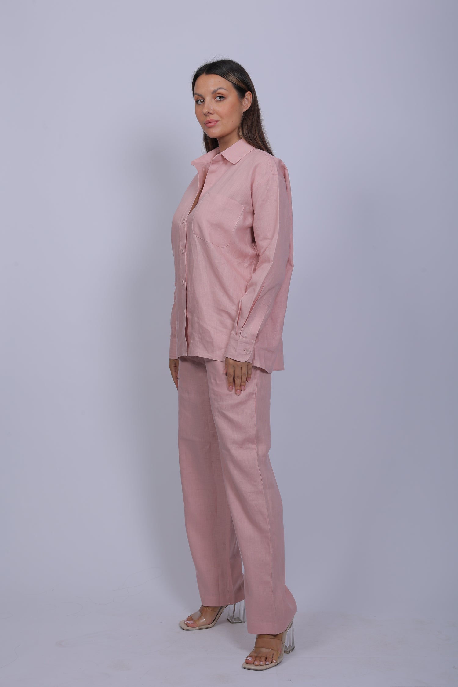 Tailored Carnation Pink Linen One Size Shirt & Stripped Pants