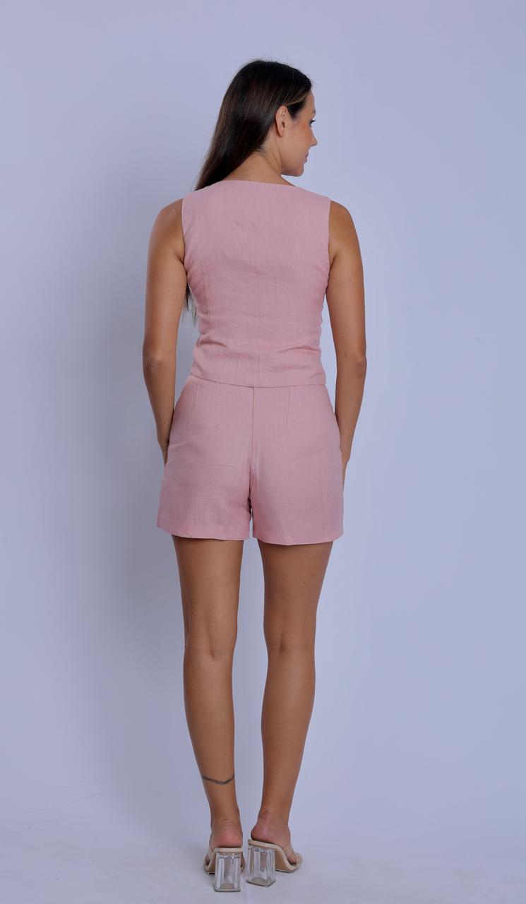 Carnation Pink Linen Waistcoat & Stripped Patterned Shorts